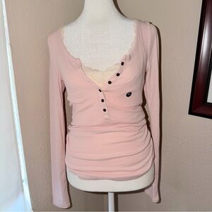 NWT! Vintage Y2K Abercrombie & Fitch 2000s Baby Pink Ribbed Henley Top